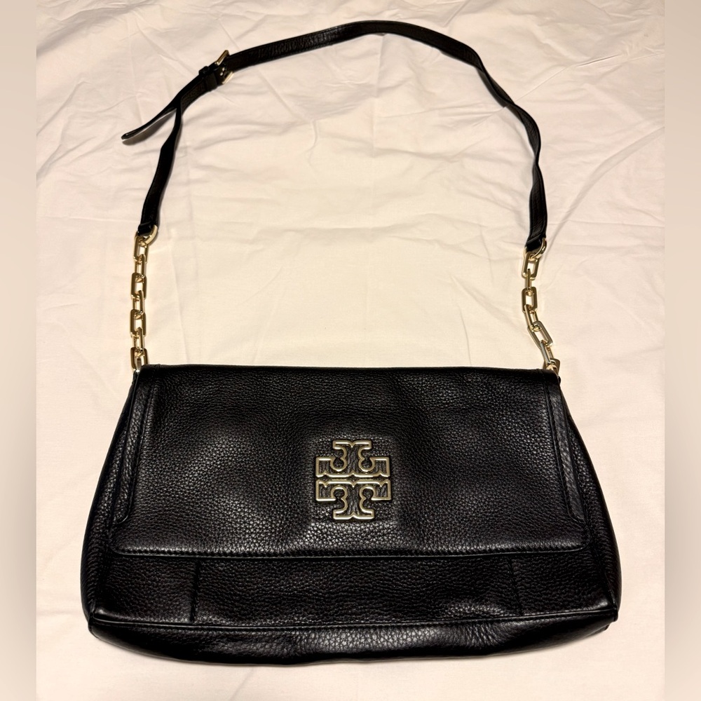Tory Burch Britten Fold Over Messenger Black Leather Crossbody Purse - Picture 6 of 16